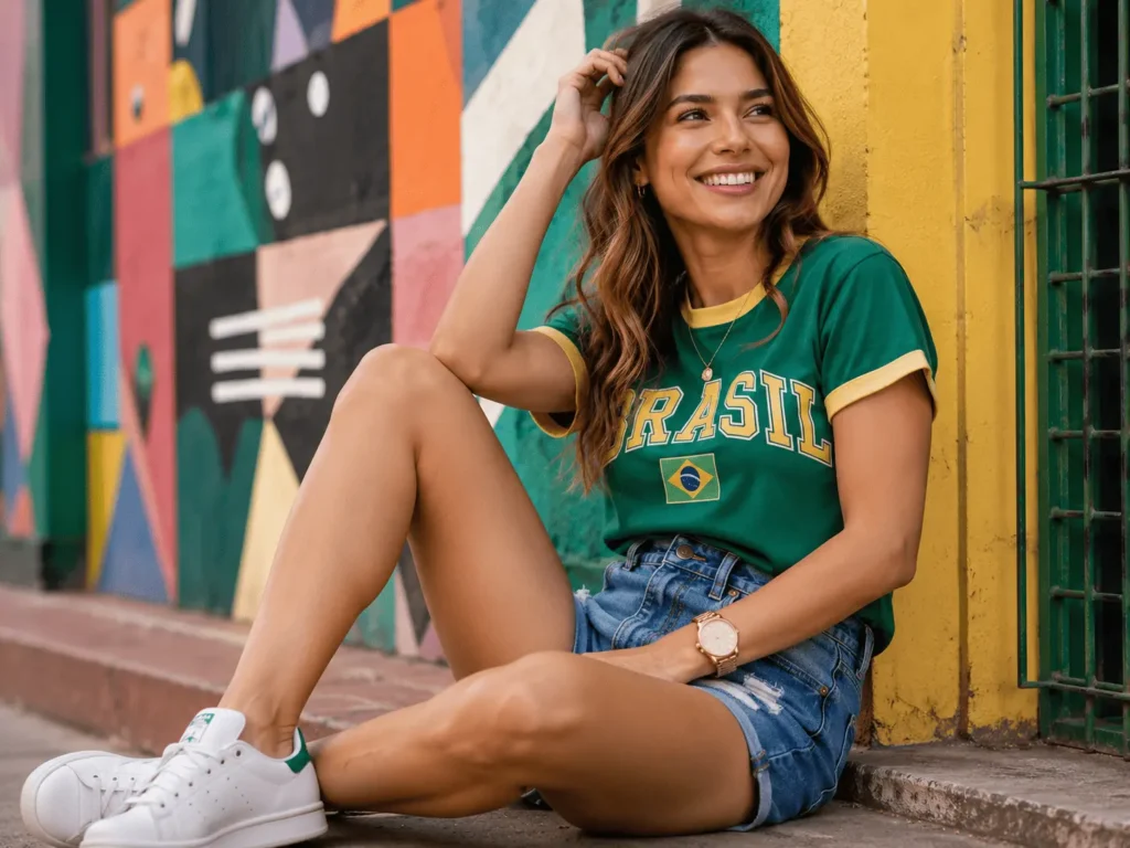 Mulher com camiseta temática estilizada, shorts jeans de lavagem média e tênis moderno, relógio Seculus rosê com mostrador limpo no pulso, fundo urbano colorido