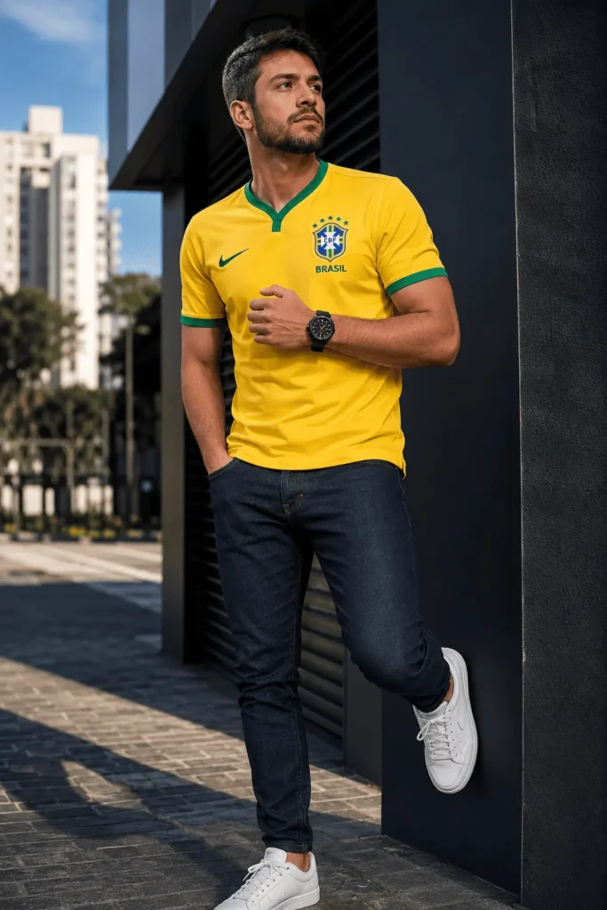 Homem jovem com camisa oficial da seleção brasileira amarela, calça jeans slim escura e tênis branco, relógio Seculus esportivo de pulseira preta no pulso, em ambiente urbano externo.