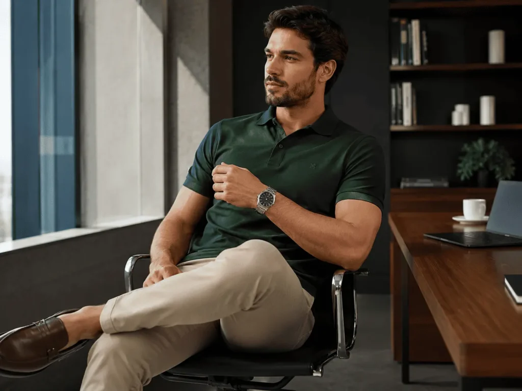 omem em camisa polo verde-escuro, calça chino bege e mocassim, relógio Seculus clássico de aço inoxidável no pulso, fundo de escritório moderno com luz natural lateral