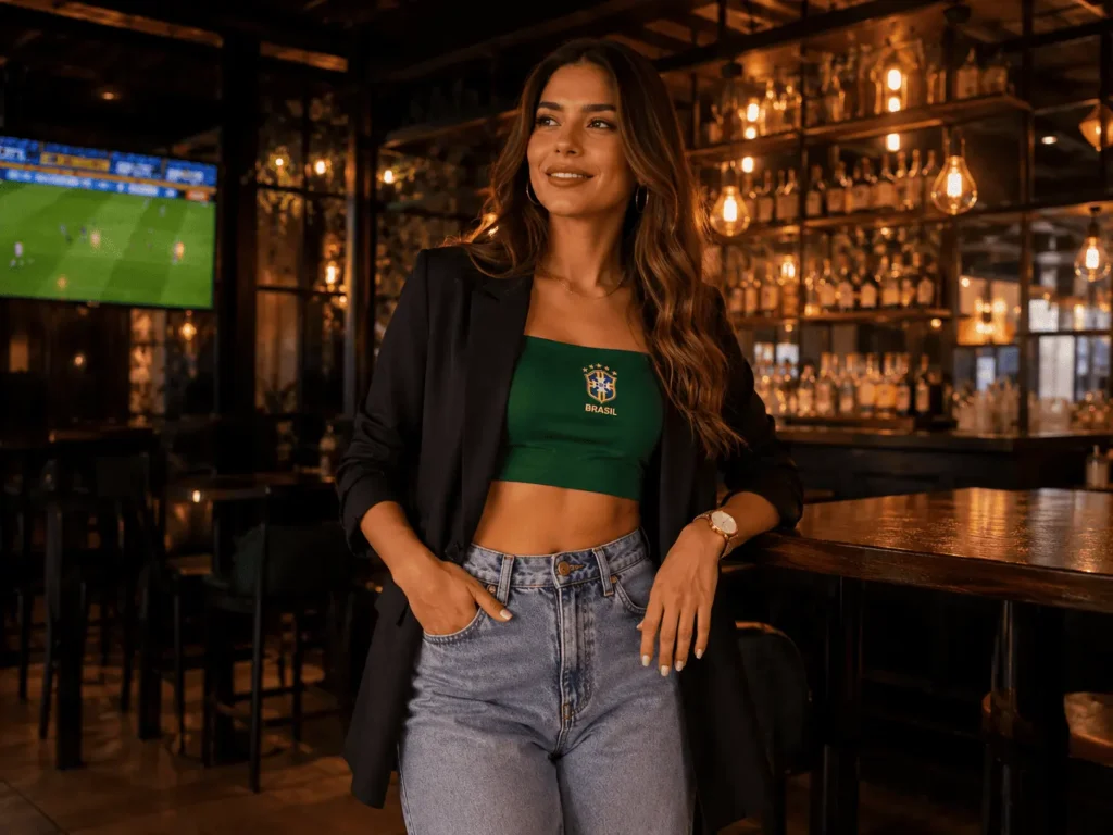 Mulher com cropped verde, blazer de corte reto e calça jeans wide leg, relógio Seculus minimalista de pulseira mesh no pulso, fundo de bar moderno com iluminação quente