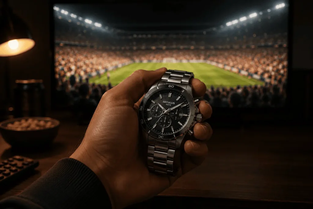 Mão masculina segurando um relógio cronógrafo Seculus em aço prata, com uma TV ao fundo exibindo um estádio de futebol desfocado e iluminação quente em clima de expectativa antes da partida.