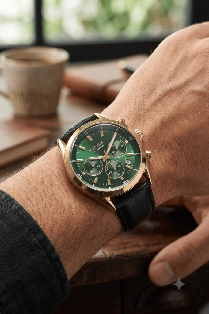 Homem usando relógio masculino cronógrafo dourado com mostrador verde e pulseira de couro preta no pulso, em ambiente de escritório com luz natural e fundo desfocado
