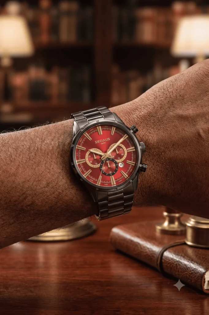 Homem usando relógio masculino cronógrafo preto com mostrador vermelho e pulseira em aço no pulso, em ambiente interno sofisticado com móveis de madeira e iluminação aconchegante ao fundo.