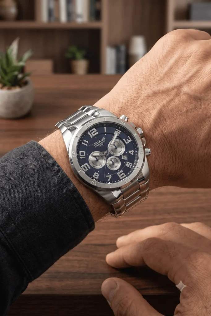 Homem usando relógio masculino cronógrafo com caixa e pulseira em aço inoxidável, mostrador azul com submostradores prateados, em ambiente de escritório moderno com mesa de madeira e fundo desfocado.