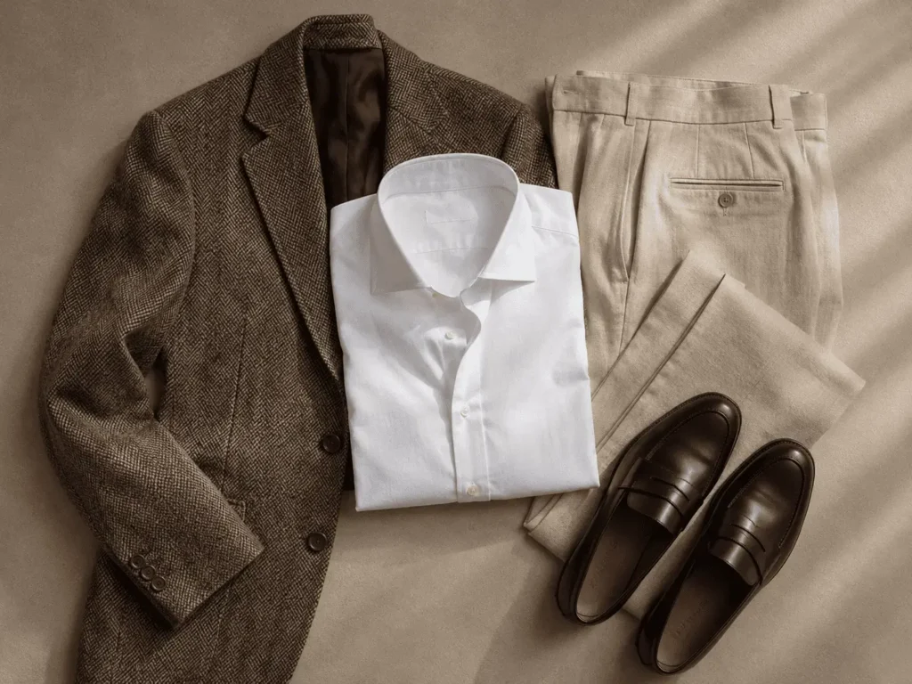 Composição de roupas old money sobre superfície neutra: blazer de tweed, calça de linho bege, camisa de tricoline branca e mocassim de couro liso