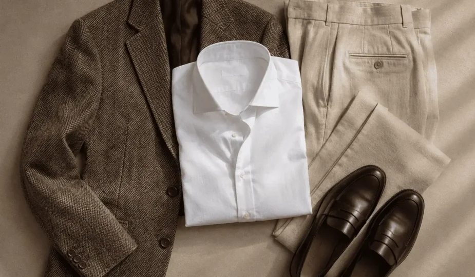 Composição de roupas old money sobre superfície neutra: blazer de tweed, calça de linho bege, camisa de tricoline branca e mocassim de couro liso