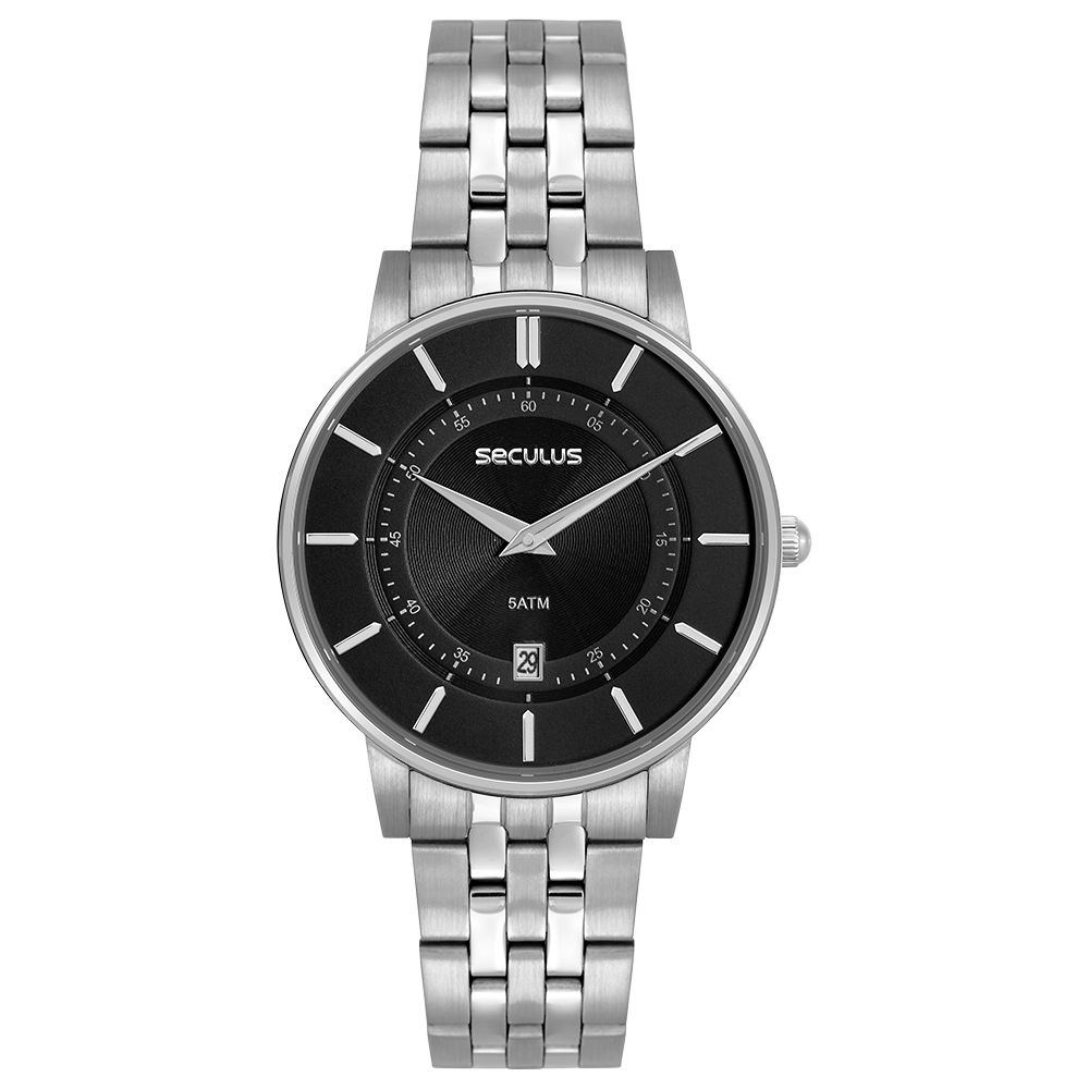 Relógio masculino Seculus Aço Prata Caixa Slim com mostrador preto, marcadores aplicados prata e pulseira de elos em aço inoxidável, fotografado de frente sobre fundo branco.