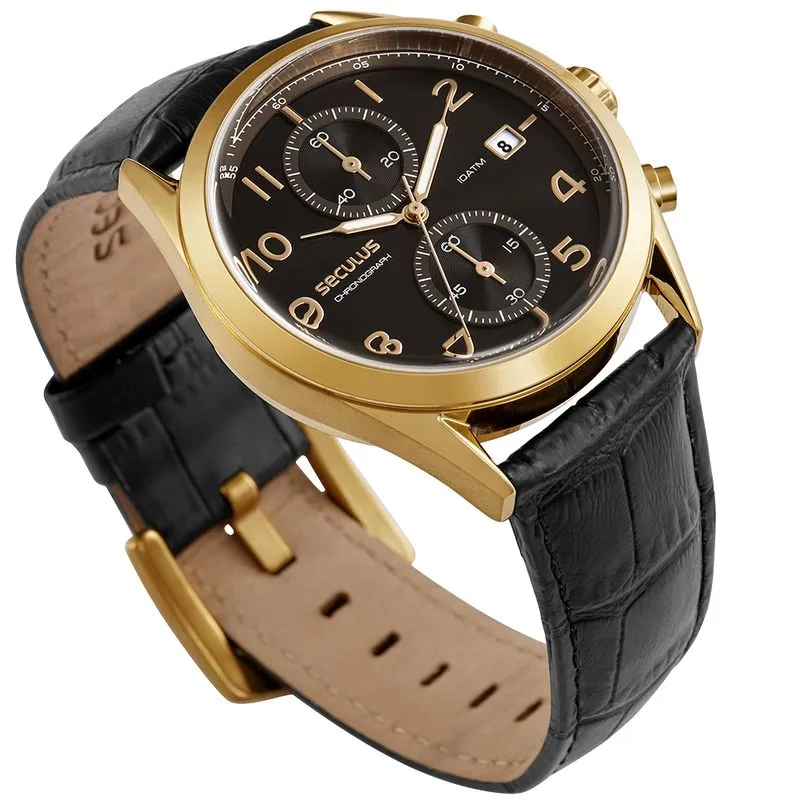 Relógio masculino Seculus cronógrafo esportivo com mostrador preto e detalhes em vermelho, pulseira de silicone preta com costura vermelha e três submostradores, sobre fundo branco neutro.