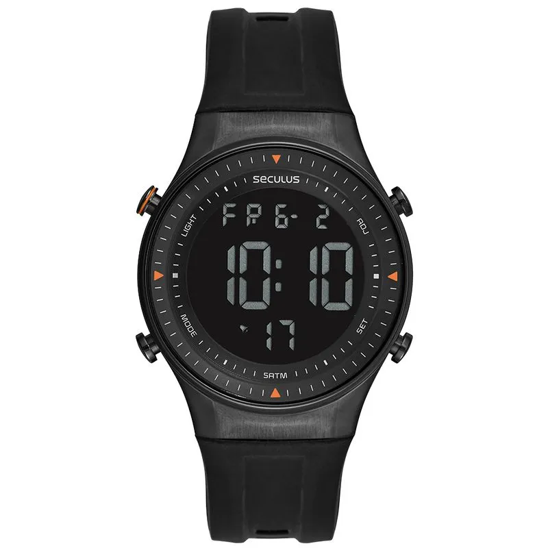 Provisório: Relógio masculino Seculus esportivo com caixa em aço e pulseira de silicone preta, mostrador com ponteiros brancos e catraca enumerada, sobre fundo branco neutro.