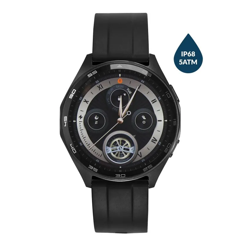 Relógio Masculino Seculus Smart Pro com caixa preta e pulseira de silicone preta sobre fundo neutro, destacando o design moderno, tela inteligente e resistência à água de 5 ATM. 