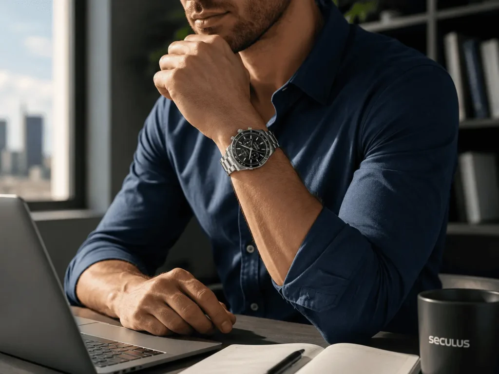 Homem em ambiente de escritório moderno, manga de camisa arregaçada, pulso em destaque com relógio cronógrafo Seculus, luz natural lateral