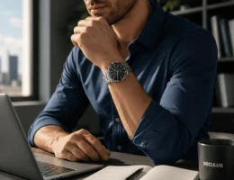 Homem em ambiente de escritório moderno, manga de camisa arregaçada, pulso em destaque com relógio cronógrafo Seculus, luz natural lateral