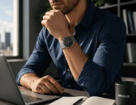 Homem em ambiente de escritório moderno, manga de camisa arregaçada, pulso em destaque com relógio cronógrafo Seculus, luz natural lateral