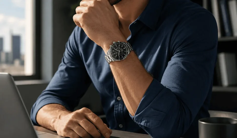 Homem em ambiente de escritório moderno, manga de camisa arregaçada, pulso em destaque com relógio cronógrafo Seculus, luz natural lateral