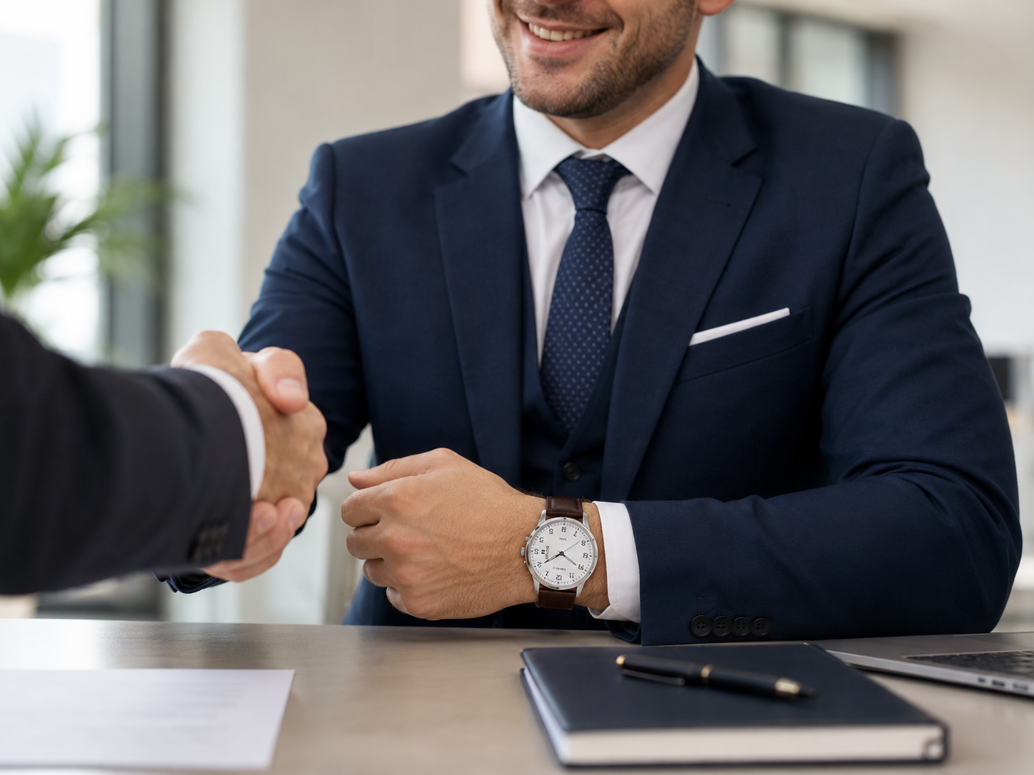 omem em terno azul-marinho completo, camisa branca e gravata discreta, relógio Seculus de pulseira de couro marrom no pulso, aperto de mão em ambiente corporativo moderno