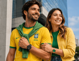 Casal com looks verde e amarelo bem compostos, cada um com relógio Seculus no pulso, em cenário urbano moderno com luz natural