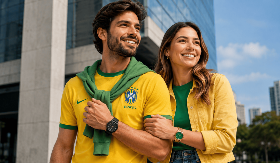 Casal com looks verde e amarelo bem compostos, cada um com relógio Seculus no pulso, em cenário urbano moderno com luz natural