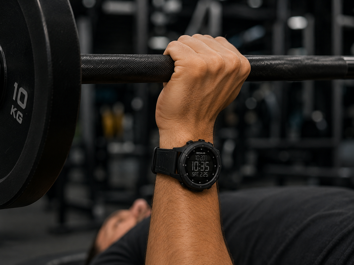 Detalhe do pulso masculino com relógio esportivo Seculus de silicone preto durante exercício de supino, fundo de academia desfocado, luz artificial