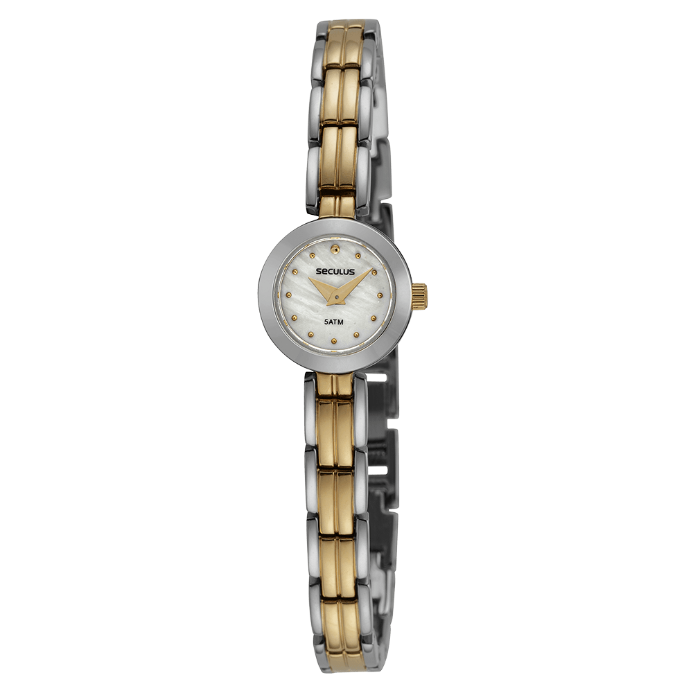 Um relógio de pulso feminino pequeno e elegante da Seculus. Apresenta uma caixa prateada redonda com mostrador branco perolado, ponteiros e marcadores dourados, e uma pulseira de elos bicolor prateada e dourada. Mostrador com logotipo "SECULUS" e "5ATM".