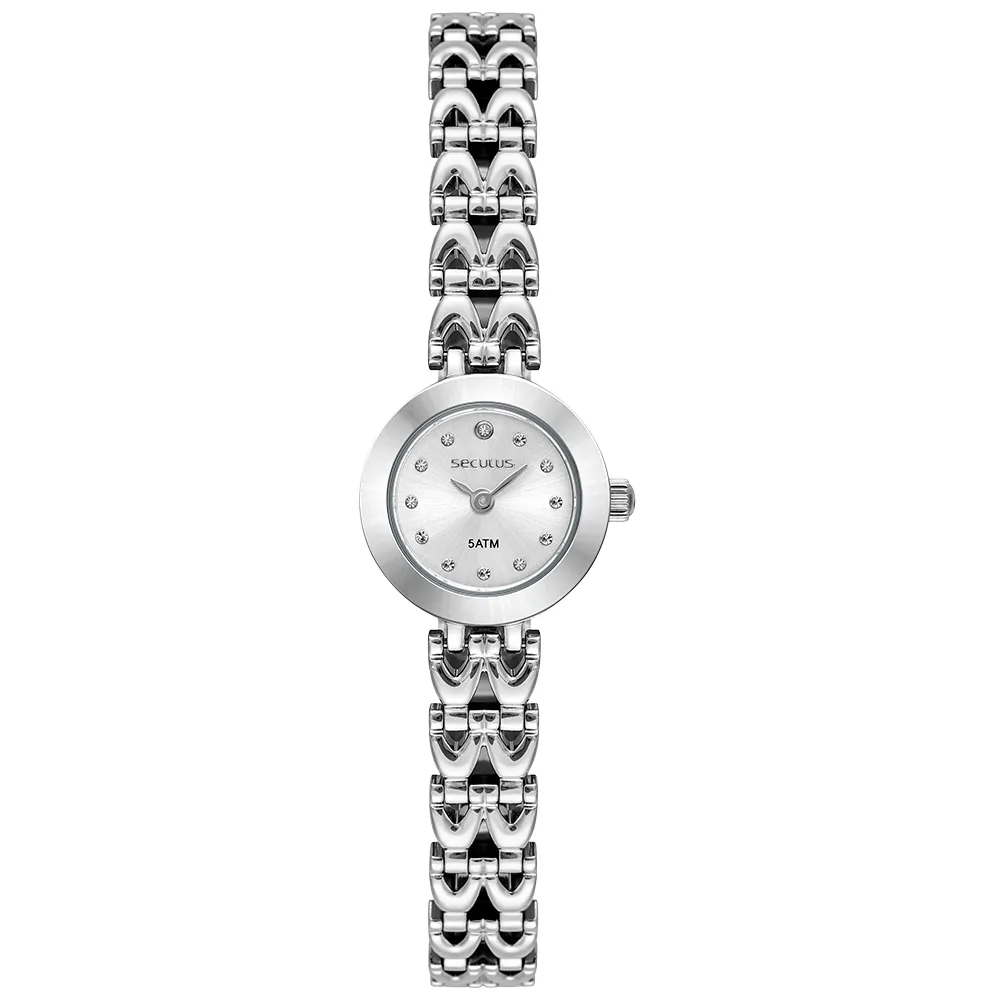 Relógio de pulso feminino Seculus prateado com mostrador de cristais e pulseira decorativa de padrão preto.