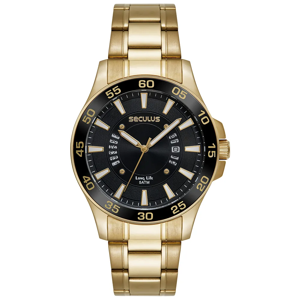 Relógio de pulso analógico da marca Seculus, com caixa e pulseira de elos em metal dourado. O mostrador preto é emoldurado por um aro preto com numeração dourada e apresenta ponteiros e índices em tom dourado com preenchimento branco, visores de calendário arqueados nas laterais e as inscrições 'Seculus' e 'Long Life 5ATM'.