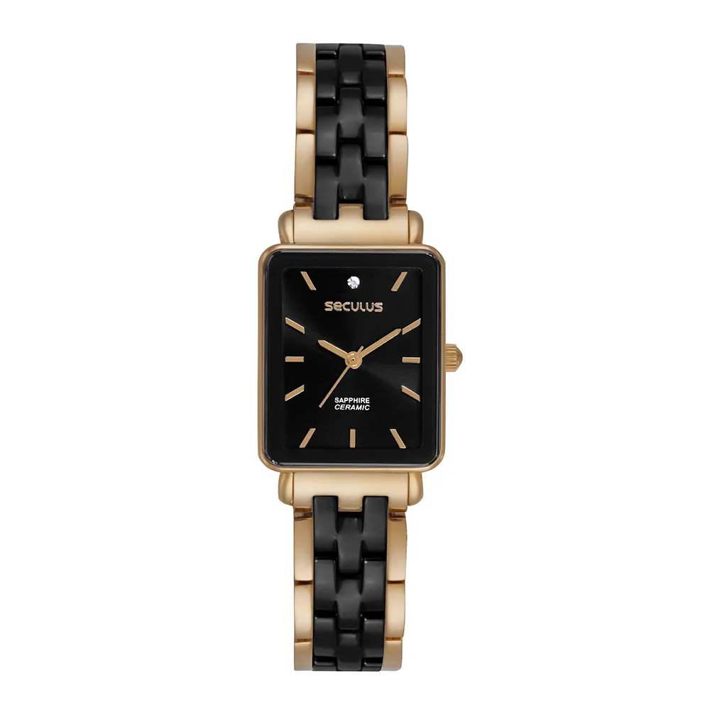 Relógio Seculus com caixa retangular dourada e mostrador preto. Apresenta detalhe de cristal às 12 horas e pulseira bicolor dourada e preta.