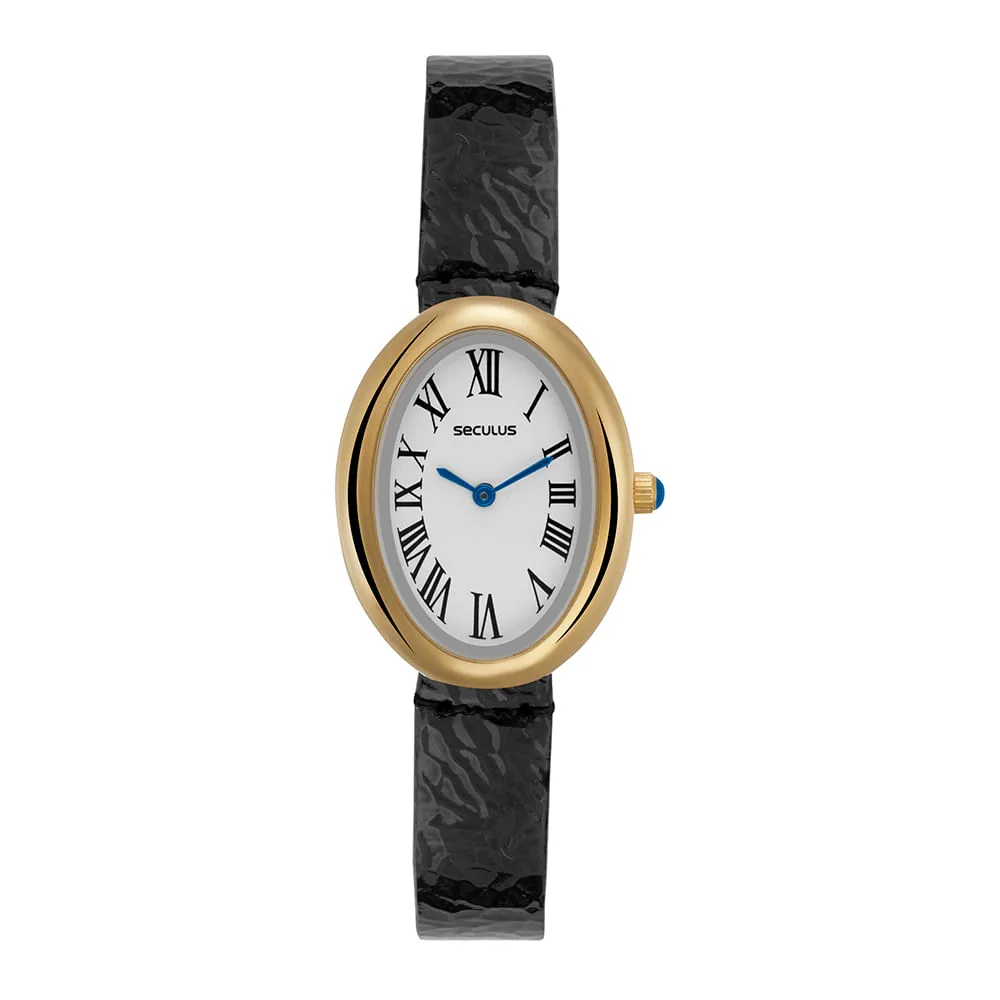 Relógio feminino Seculus oval dourado com números romanos e pulseira preta texturizada.