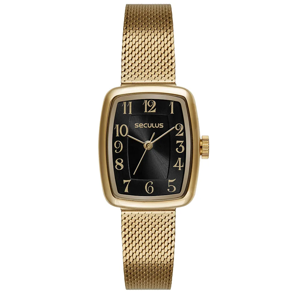 Relógio feminino Seculus dourado com caixa retangular arredondada, mostrador preto com números dourados e pulseira de malha de aço.