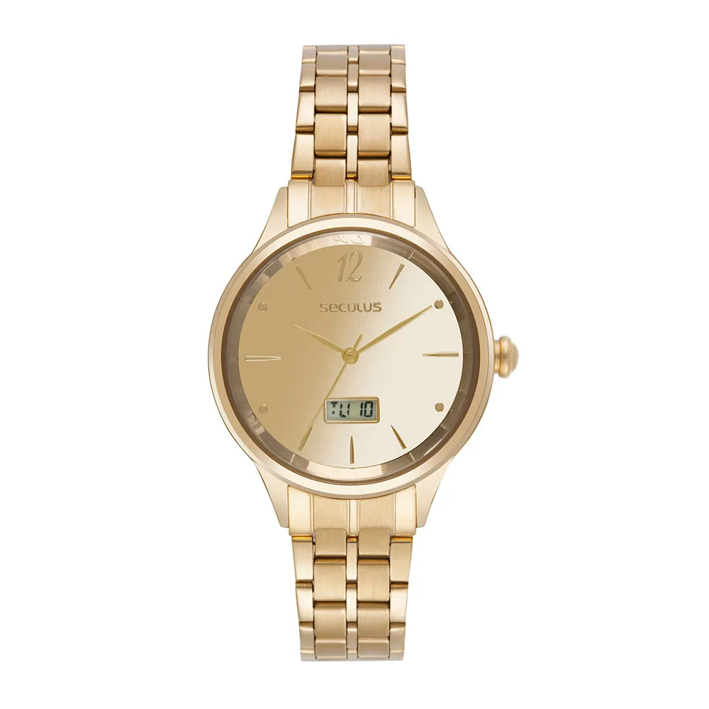 Vista frontal de um relógio analógico totalmente dourado com pulseira de elos metálicos. O mostrador dourado apresenta marcadores de bastão, a marca Seculus e um pequeno visor digital às 6 horas exibindo números (ex: '10 18').