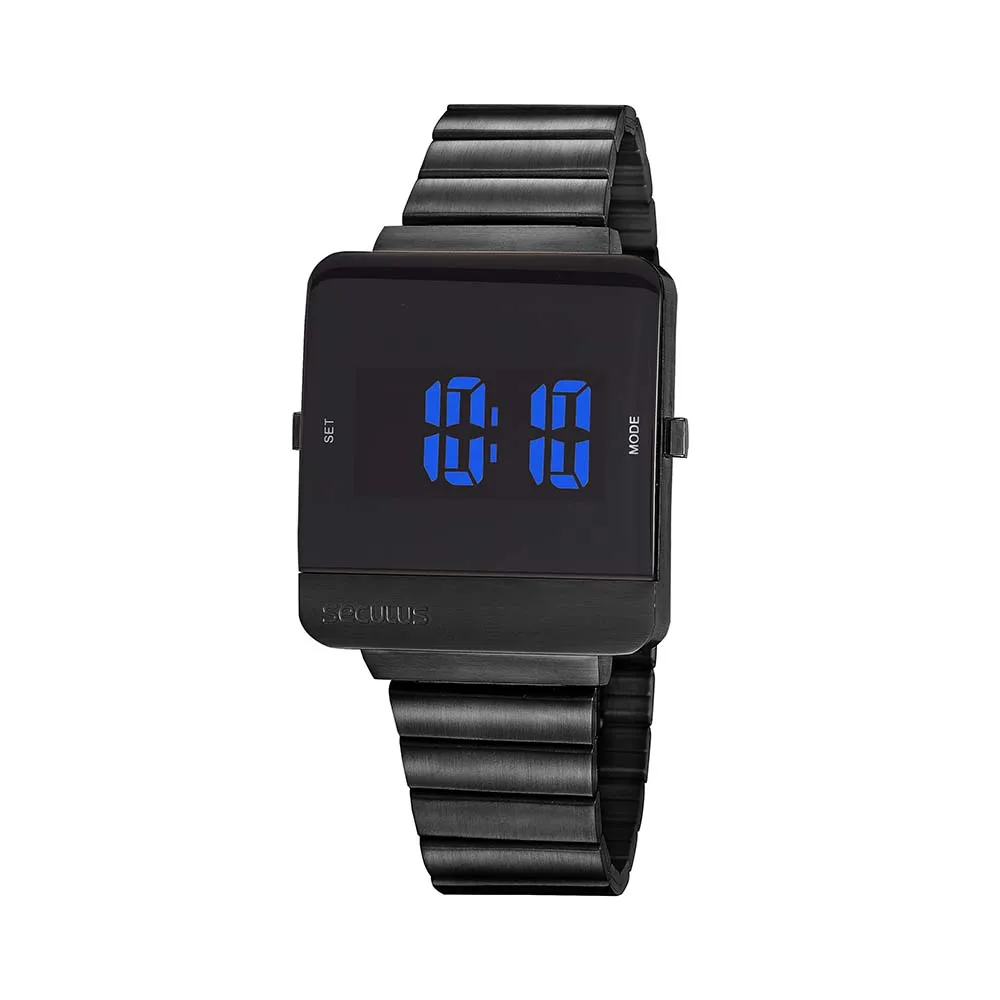 Um relógio de pulso digital totalmente preto com mostrador quadrado. O display de LED azul neon exibe a hora '10:10'. Possui uma pulseira de elos articulados preta e botões laterais com os textos 'SET' e 'MODE'. Um logotipo está gravado na parte inferior da caixa.
