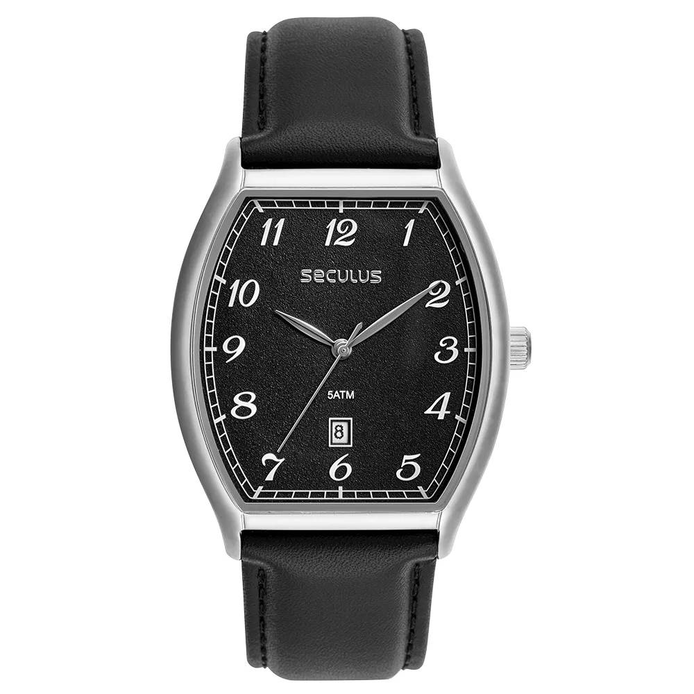 Relógio de pulso masculino Seculus com caixa de aço inoxidável prateada em formato tonneau (barril), mostrador preto texturizado e pulseira de couro preta.
