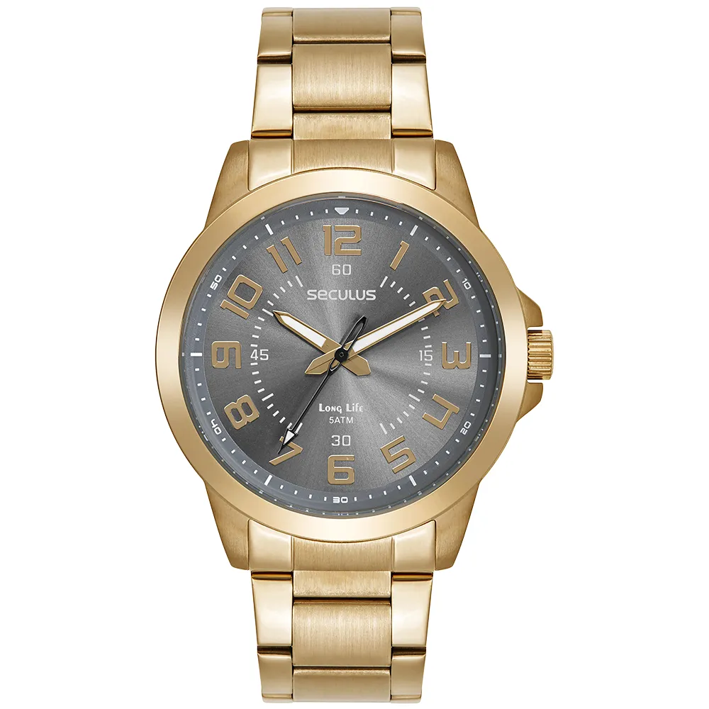 Relógio de pulso analógico da marca Seculus, com caixa e pulseira de elos em metal dourado. O mostrador cinza-escuro possui numerais arábicos e ponteiros em tom dourado com detalhes em branco, ponteiro de segundos preto e as inscrições 'Seculus' e 'Long Life 5ATM'.