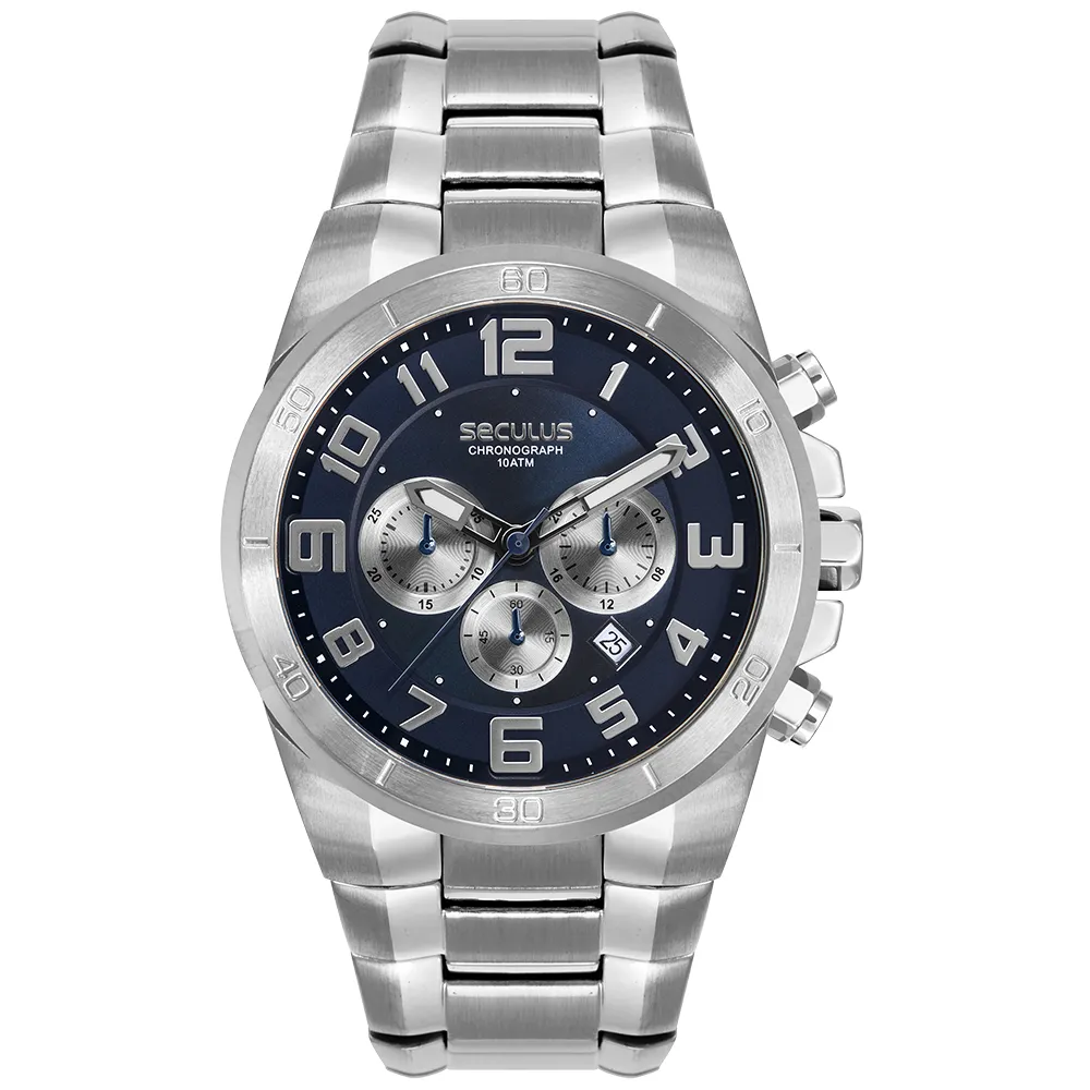 Relógio de pulso masculino Seculus cromado com mostrador azul marinho e pulseira de aço inoxidável em elos.