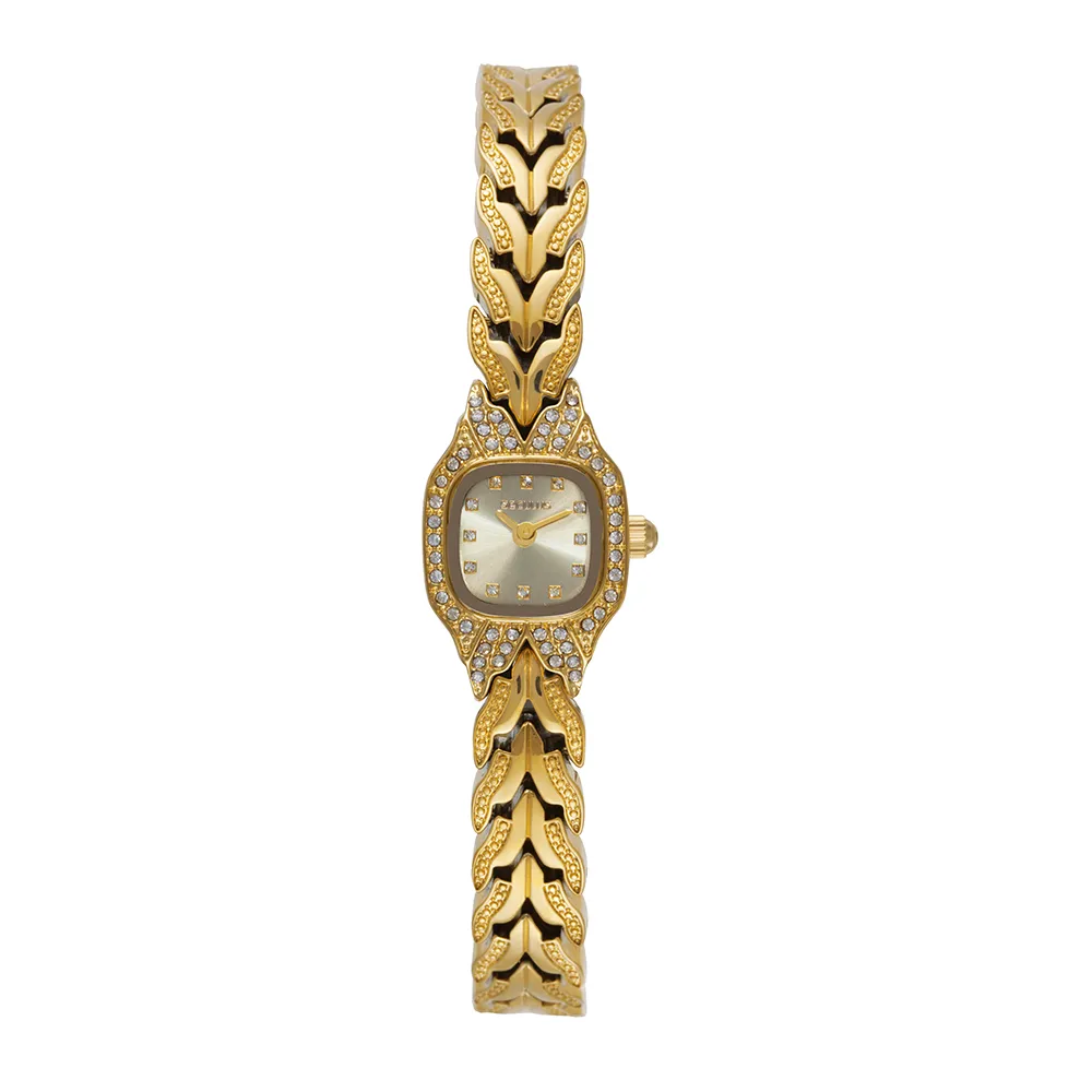 Relógio feminino Seculus dourado estilo joia com caixa cravada de cristais. Mostrador champanhe e pulseira de elos trabalhados.