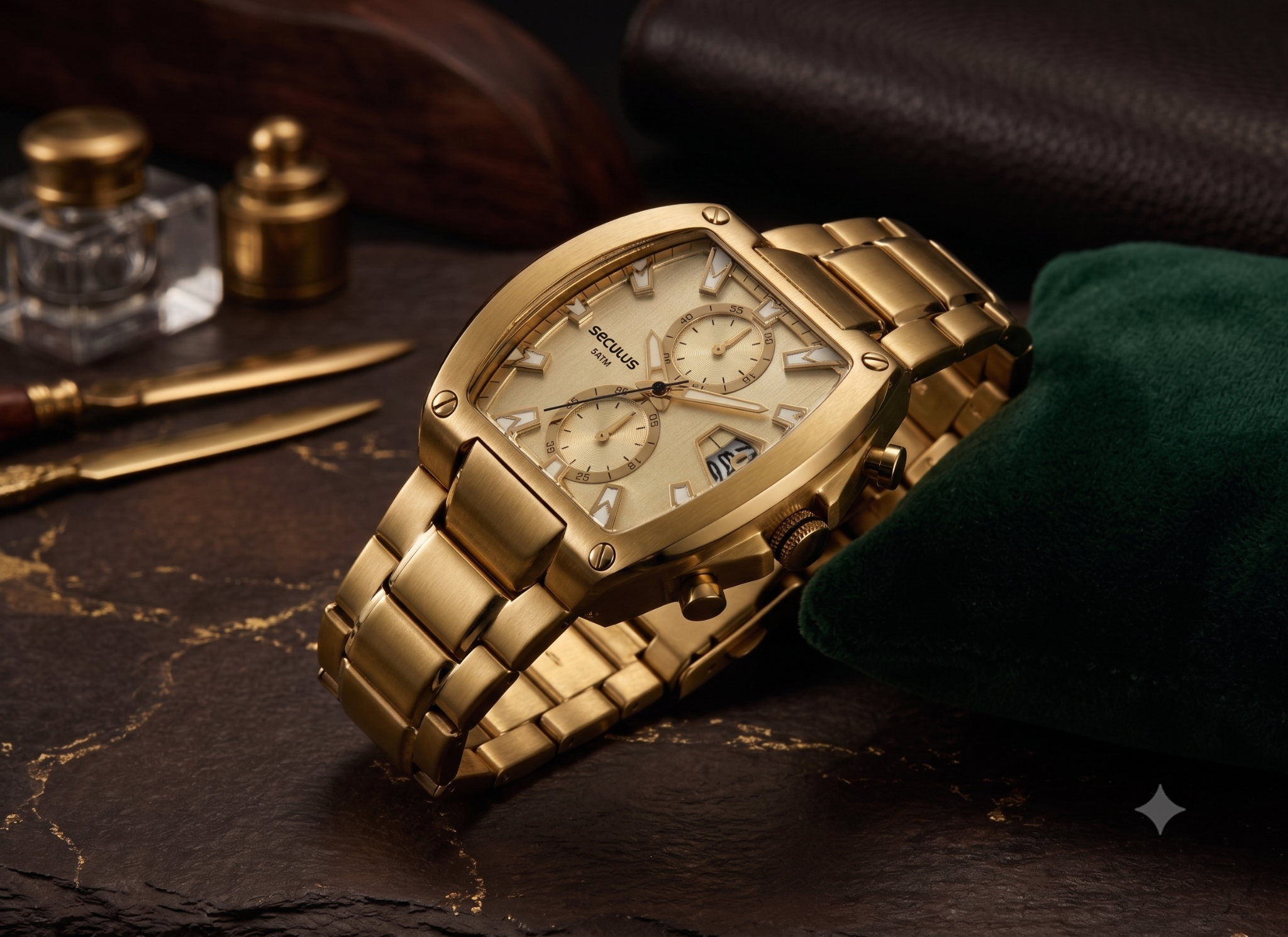 Close do Relógio Masculino Quadrado Cronógrafo Dourado Seculus com destaque para as marcações em relevo 3D, parafusos simulados na caixa e acabamento dourado, sobre fundo escuro com iluminação spot em estilo editorial.