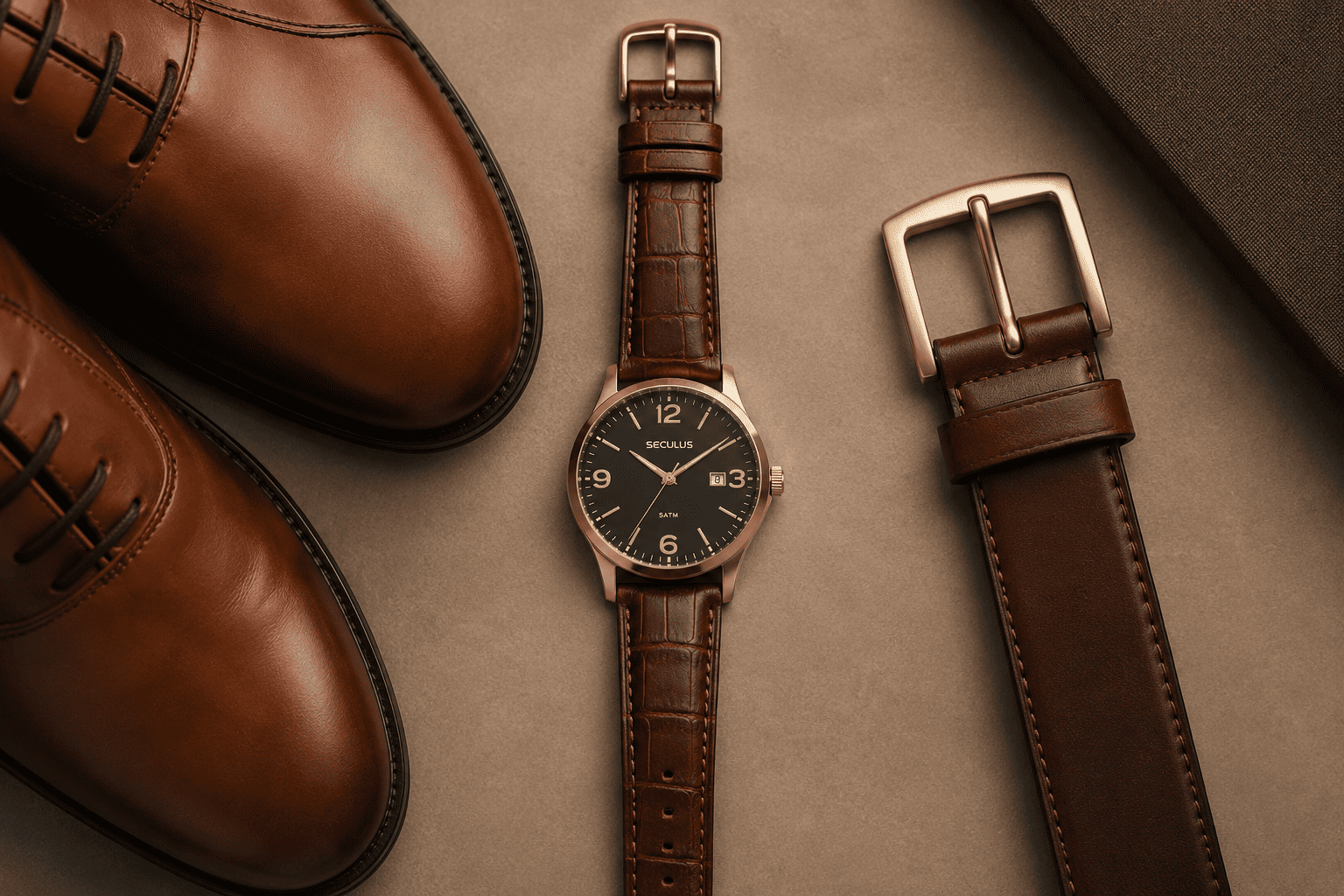Composição flat lay com relógio Seculus de pulseira de couro marrom ao centro, acompanhado de sapato social marrom e cinto marrom com fivela dourada sobre fundo neutro em estilo editorial.