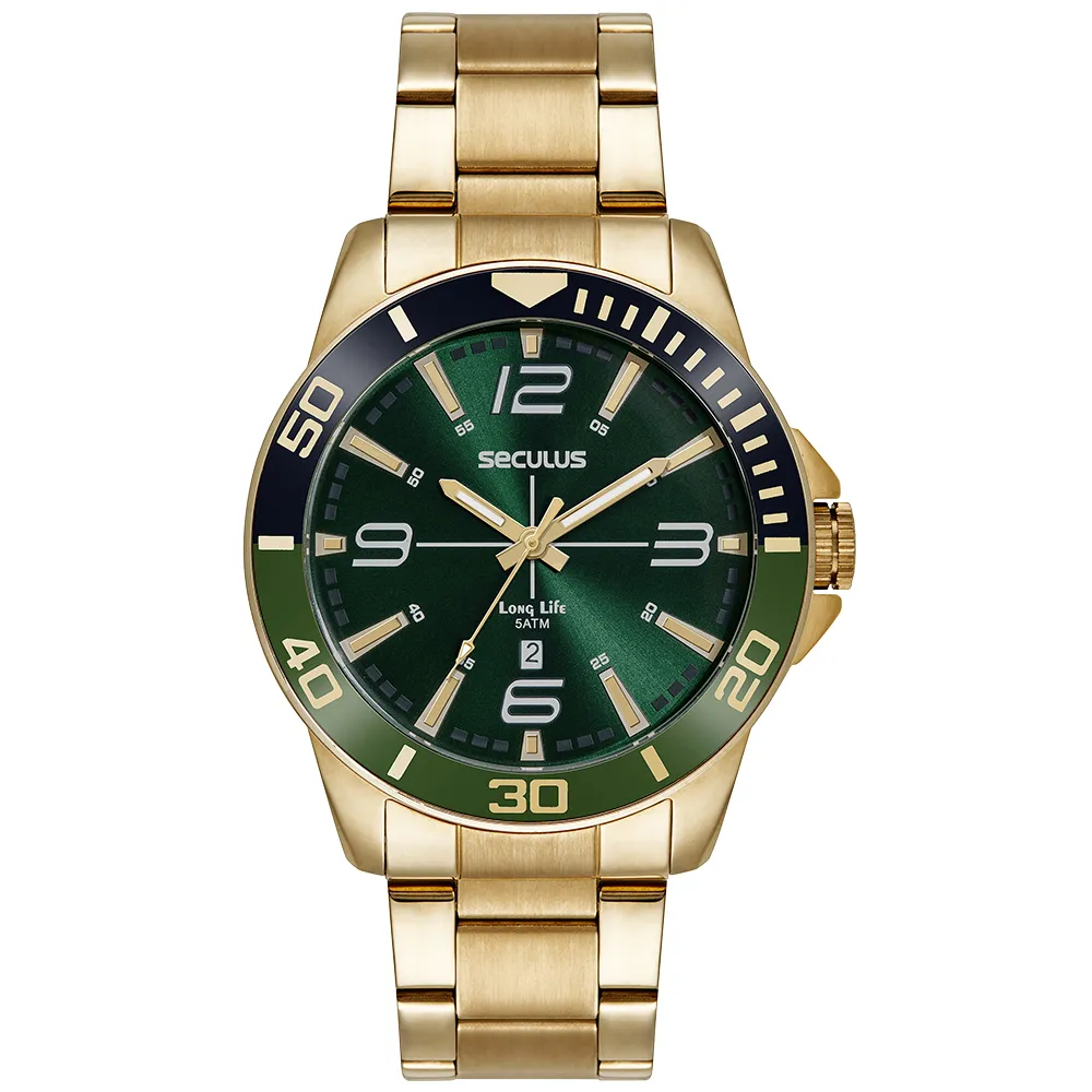 Relógio de pulso analógico da marca Seculus, com caixa e pulseira de elos em metal dourado. O mostrador verde com efeito escovado destaca numerais nas posições 12, 3, 6 e 9, ponteiros e índices dourados com detalhes em branco, visor de data às 6 horas exibindo o dia '2' e as inscrições 'Seculus' e 'Long Life 5ATM'. O aro externo possui acabamento bicolor em azul-escuro e verde com numeração dourada.