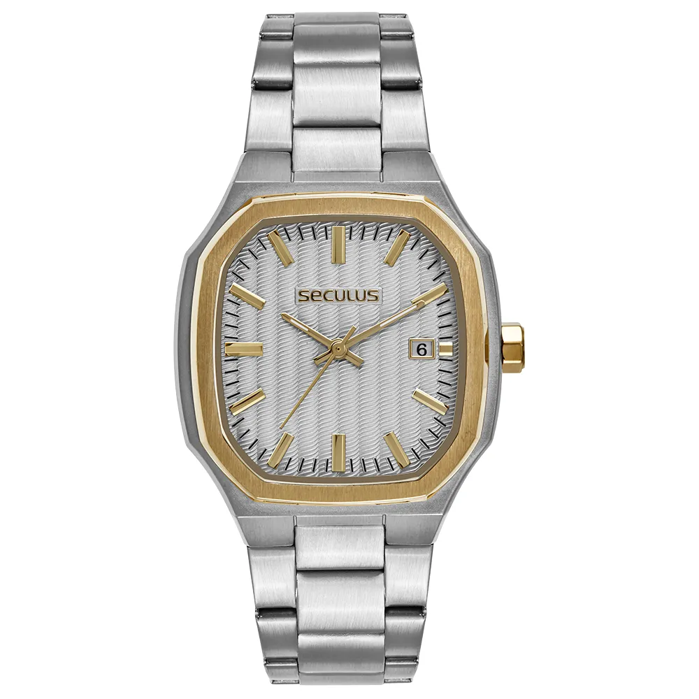 Um relógio de pulso masculino Seculus bicolor, com caixa prateada octogonal e aro dourado escovado. O mostrador prateado com textura de guilhoche apresenta índices e ponteiros dourados aplicados, janela de data às 3 horas exibindo o número '6', e o logotipo da marca. A pulseira é prateada de elos.