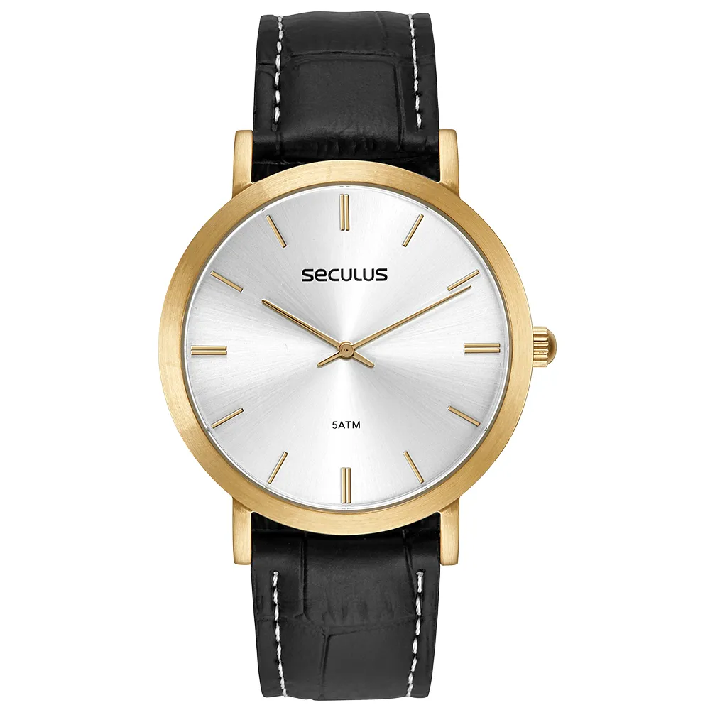 Relógio de pulso masculino Seculus com caixa dourada e pulseira de couro preta texturizada.