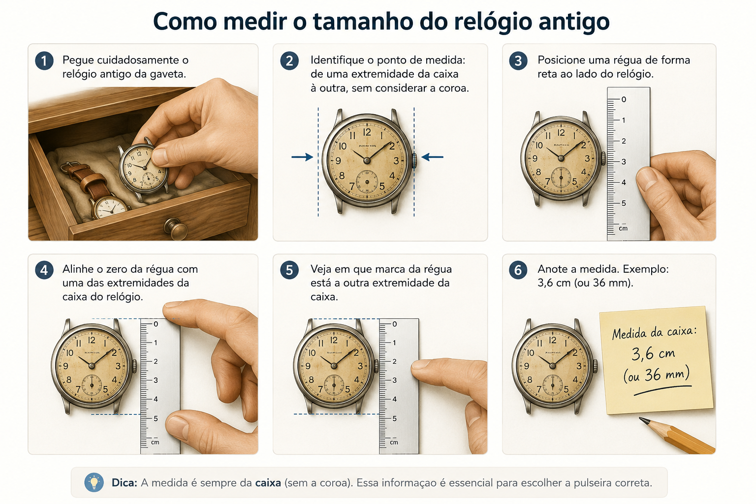 Ilustração didática mostrando uma mão retirando um relógio antigo de uma gaveta e medindo a caixa com uma régua em um passo a passo visual sobre fundo claro.