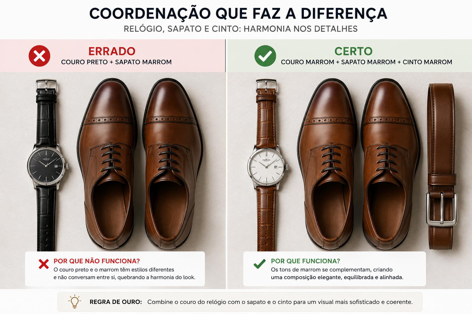 Infográfico em estilo flat lay dividido em “errado” e “certo”: à esquerda, relógio com pulseira preta ao lado de sapatos marrons (combinação desarmônica); à direita, relógio com pulseira marrom combinado com sapatos e cinto marrons, mostrando um visual alinhado e elegante.