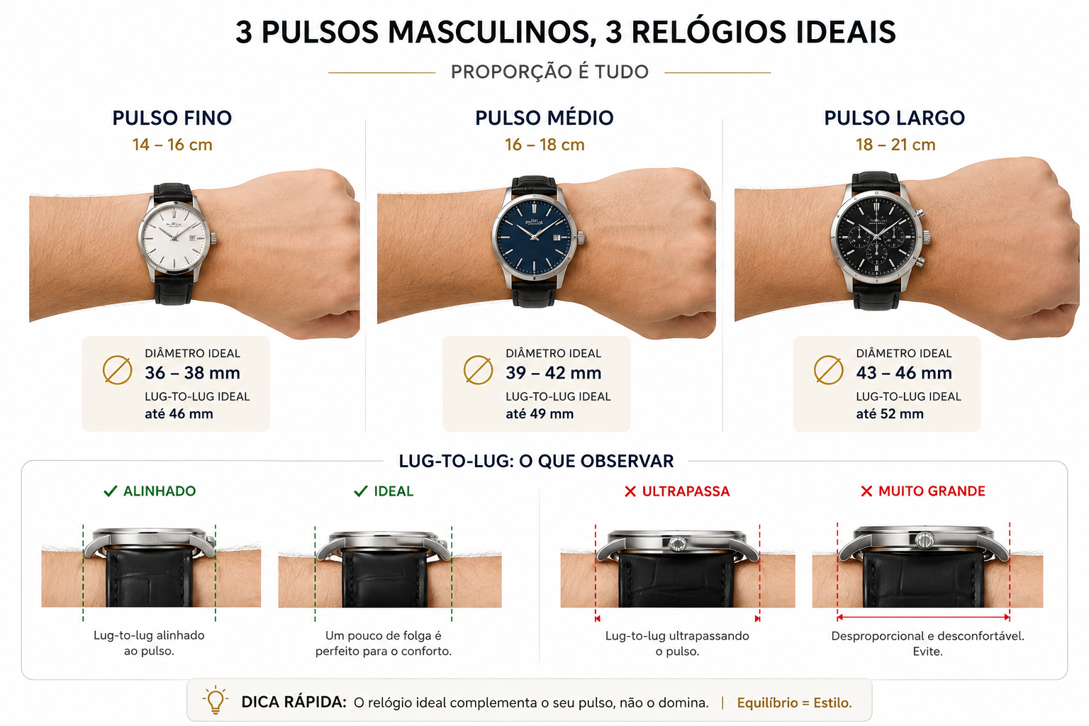Infográfico em fundo branco mostrando três pulsos masculinos (fino, médio e largo) com relógios proporcionais, incluindo medidas ideais de diâmetro e lug-to-lug, além de exemplos visuais de encaixe correto e incorreto no pulso.