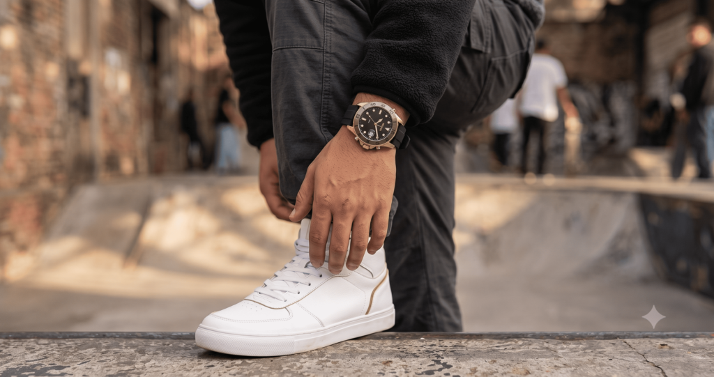 [ ESPAÇO PARA IMAGEM ]
Flat lay com a tríade street: hoodie cinza dobrado, calça cargo preta, tênis branco, boné, e relógio Seculus LCD preto posicionado ao centro como peça de destaque. Fundo concreto cru. Tom editorial.

