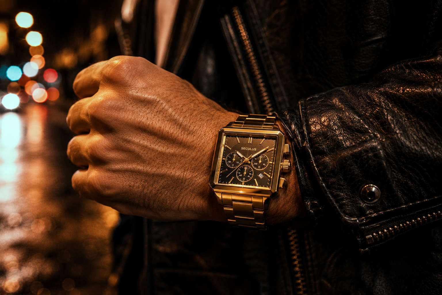 Pulso masculino usando relógio dourado Seculus cronógrafo de caixa quadrada com pulseira de aço sobre jaqueta de couro preta, em cenário noturno com luzes desfocadas refletindo no metal.