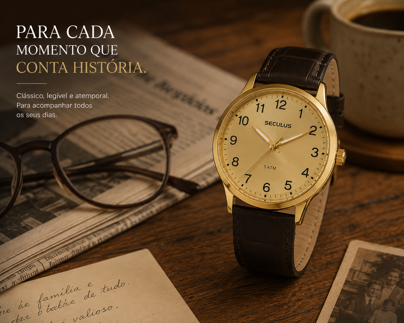 Relógio Masculino Analógico Mostrador Dourado Seculus com numeração completa e pulseira de couro ao lado de óculos de leitura e jornal sobre mesa de madeira, em composição com clima afetuoso e nostálgico.