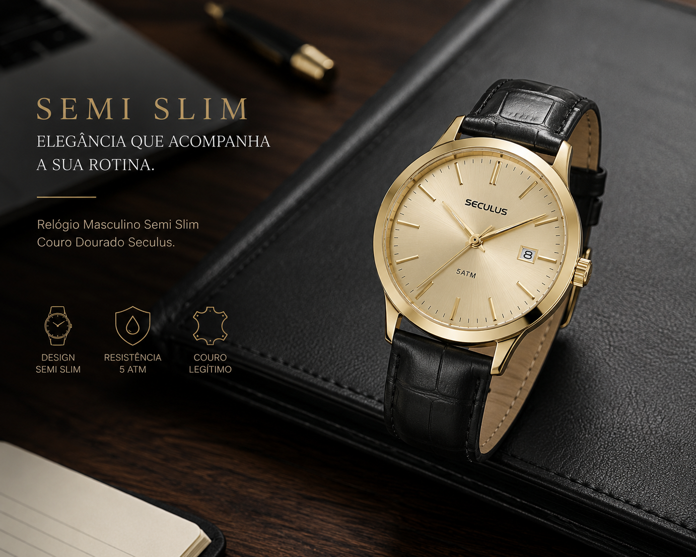 Relógio Masculino Semi Slim Couro Dourado Seculus com pulseira de couro preta sobre uma pasta de couro em mesa de escritório, em composição de estilo corporativo elegante que destaca seu design sofisticado.