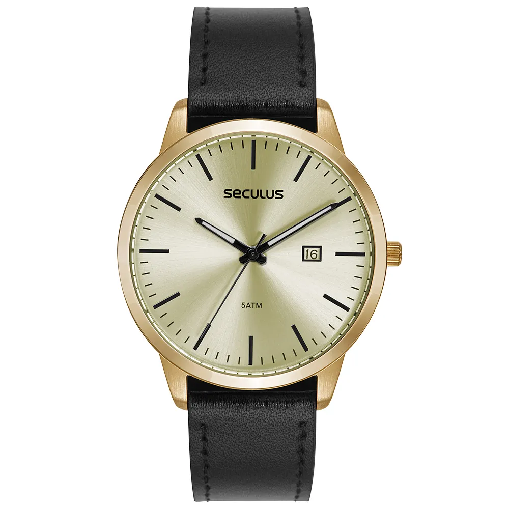 Relógio de pulso masculino Seculus dourado com mostrador champanhe, calendário e pulseira de couro preta.