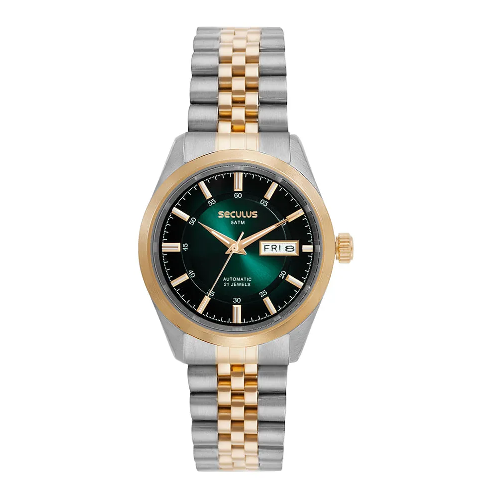 Relógio masculino automático Seculus bicolor prateado e dourado com mostrador verde esmeralda, calendário duplo e resistência à água 5 ATM