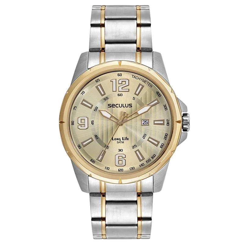 Relógio masculino Seculus em aço prata e dourado, com mostrador champanhe, marcadores de horas e calendário.