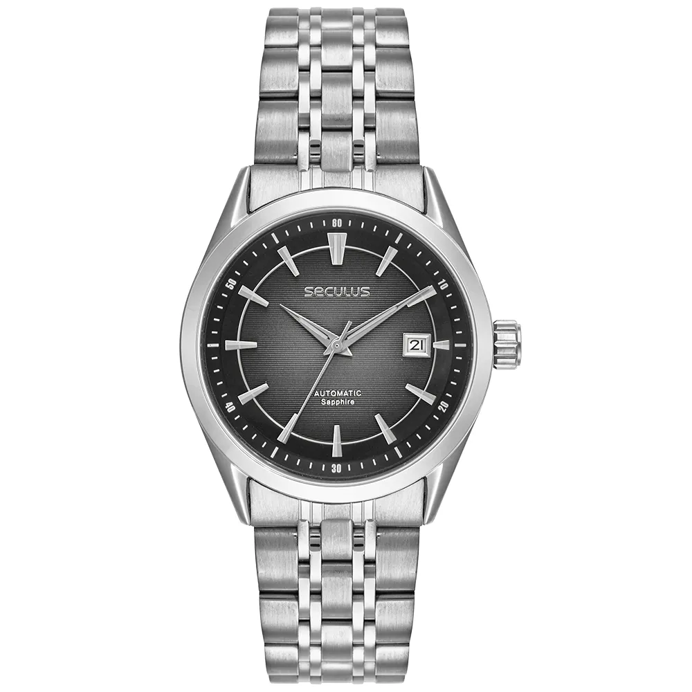 Relógio analógico masculino da marca Seculus com caixa e pulseira de elos em aço inoxidável prateado. O mostrador cinza-escuro possui textura de linhas horizontais, marcadores e ponteiros prateados, exibição de data às 3 horas e as inscrições "SECULUS" e "AUTOMATIC Sapphire